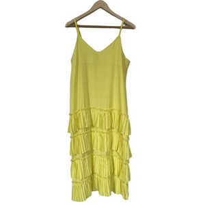 Bright Yellow ELF Midi Dress Pleated Details Sleeveless Strappy V Neck Size Med